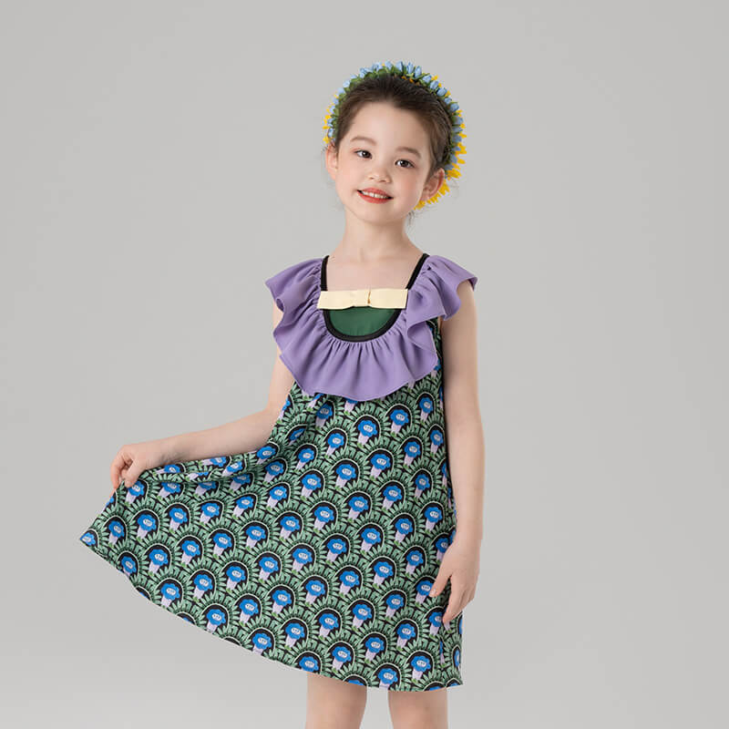 Summer Garden Graphic Flare Colloar Dress-6-color-Lobelia Purple -  NianYi, Chinese Traditional Clothing for Kids