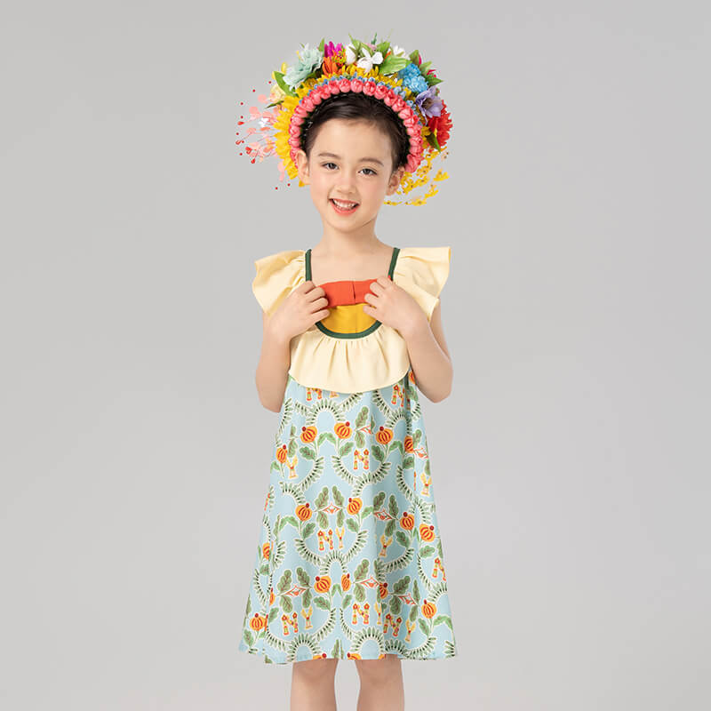 Summer Garden Graphic Flare Colloar Dress-9-color-Cloud Water Blue -  NianYi, Chinese Traditional Clothing for Kids