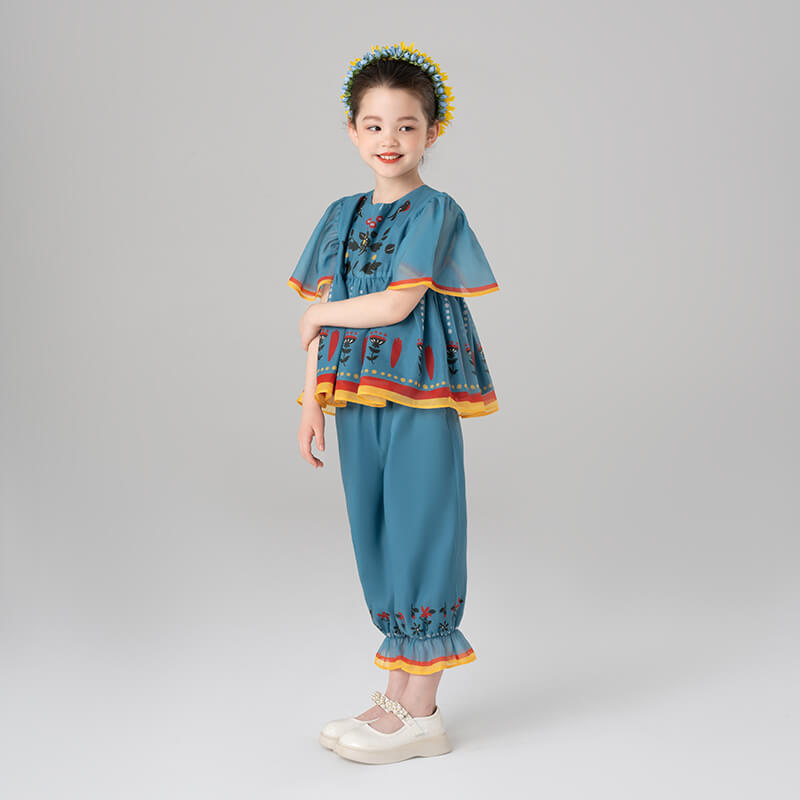 Summer Garden Ruffle Trim Top and Capri Pants Set-10 -  NianYi, Chinese Traditional Clothing for Kids