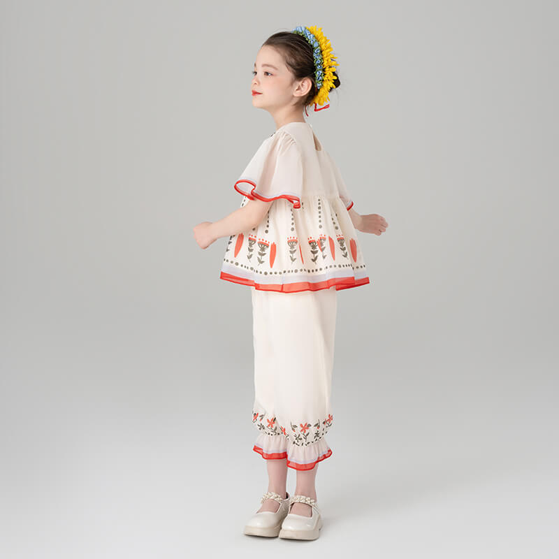 Summer Garden Ruffle Trim Top and Capri Pants Set-4 -  NianYi, Chinese Traditional Clothing for Kids