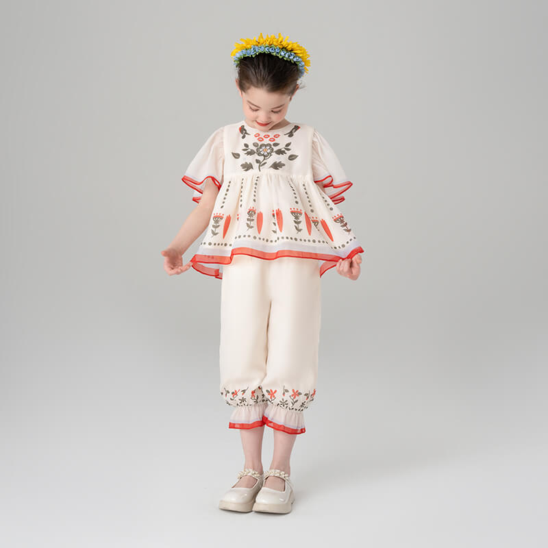 Summer Garden Ruffle Trim Top and Capri Pants Set-5 -  NianYi, Chinese Traditional Clothing for Kids