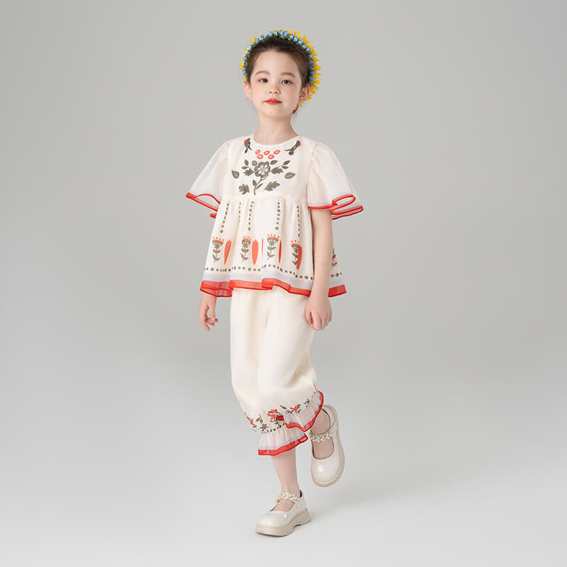 Summer Garden Ruffle Trim Top and Capri Pants Set-6-color-White Marble -  NianYi, Chinese Traditional Clothing for Kids