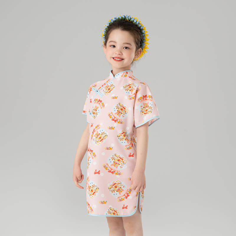 Animal Friends Graphic Mandarin Collar Qipao Dress-2-color-Pale Crimson -  NianYi, Chinese Traditional Clothing for Kids