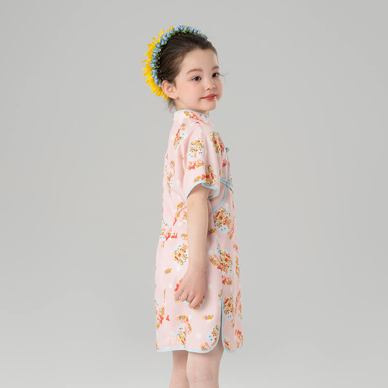 Animal Friends Graphic Mandarin Collar Qipao Dress-4 -  NianYi, Chinese Traditional Clothing for Kids