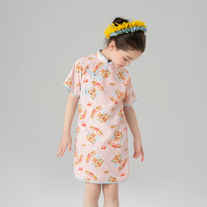 Animal Friends Graphic Mandarin Collar Qipao Dress-6 -  NianYi, Chinese Traditional Clothing for Kids