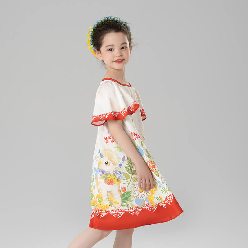 Animal Friends in Bloom Garden Square Neck Puff Sleeve Dress-2 -  NianYi, Chinese Traditional Clothing for Kids