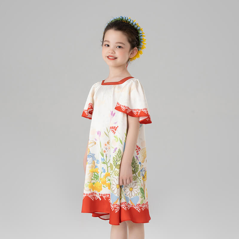 Animal Friends in Bloom Garden Square Neck Puff Sleeve Dress-3 -  NianYi, Chinese Traditional Clothing for Kids