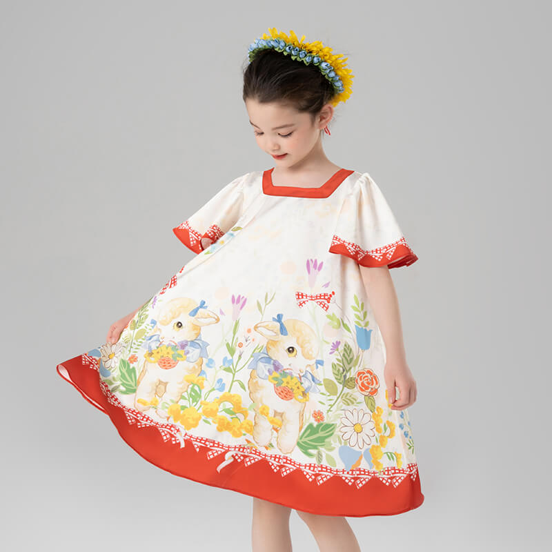 Animal Friends in Bloom Garden Square Neck Puff Sleeve Dress-5-color-White Marble -  NianYi, Chinese Traditional Clothing for Kids