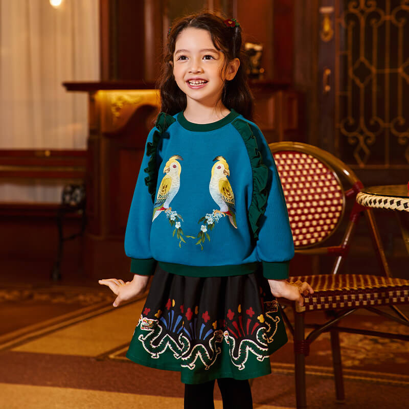 Traditional Chinese Realistic Bird and Flower Graphics Flare Hem Sweatshirt-3 -  NianYi, Chinese Traditional Clothing for Kids