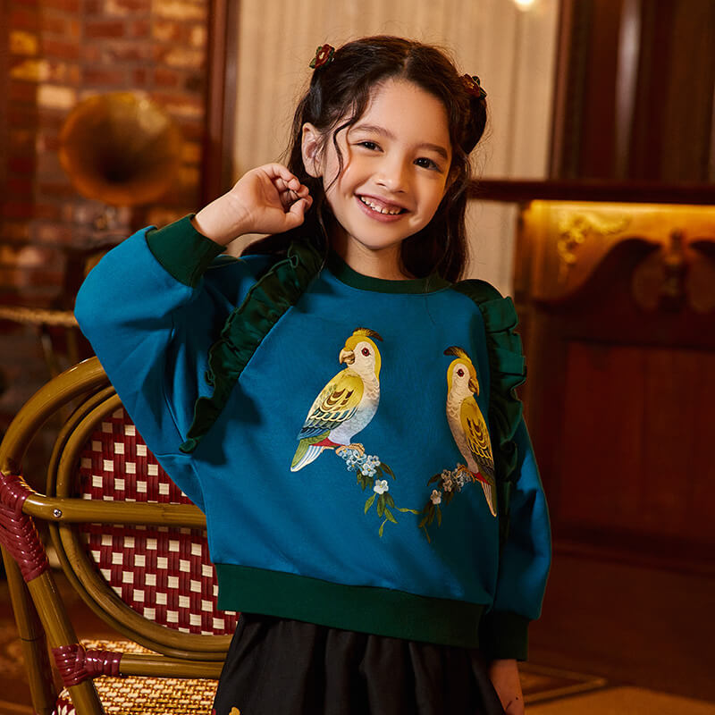 Traditional Chinese Realistic Bird and Flower Graphics Flare Hem Sweatshirt-8 -  NianYi, Chinese Traditional Clothing for Kids