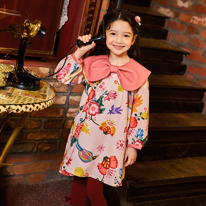 Traditional Chinese Realistic Painting Plants and Animals Graphics Flap Collar Dress-1-color-First Peach Pink -  NianYi, Chinese Traditional Clothing for Kids