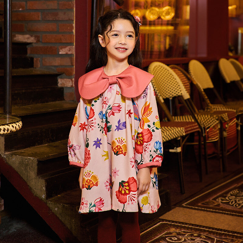 Traditional Chinese Realistic Painting Plants and Animals Graphics Flap Collar Dress-3 -  NianYi, Chinese Traditional Clothing for Kids