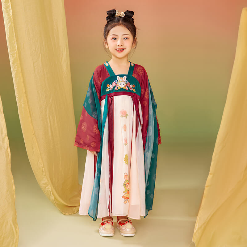 Animal Friends Embroidery Layered Mesh Hanfu Dress with Ribbon-1-color-Coral Red -  NianYi, Chinese Traditional Clothing for Kids
