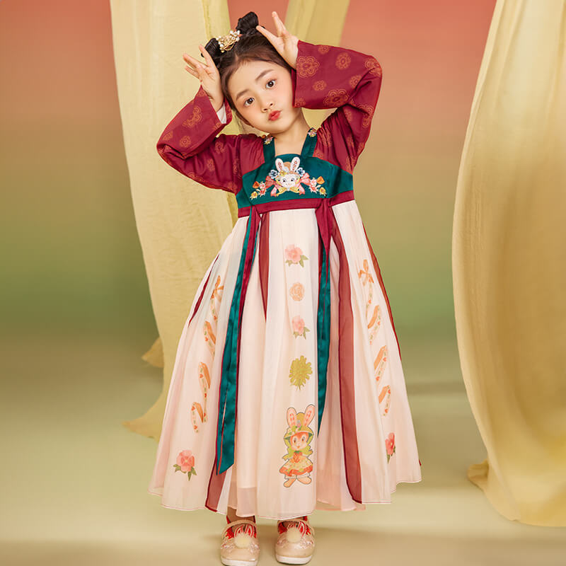 Animal Friends Embroidery Layered Mesh Hanfu Dress with Ribbon-7 -  NianYi, Chinese Traditional Clothing for Kids