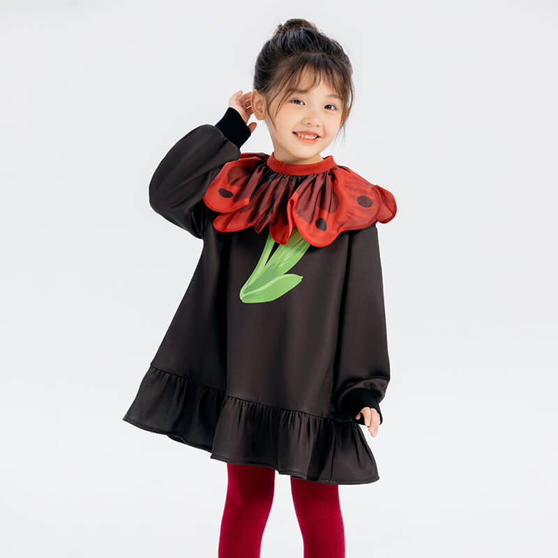 Floral Journey Flower Flap Collar Dress-5-color-Jet Black -  NianYi, Chinese Traditional Clothing for Kids