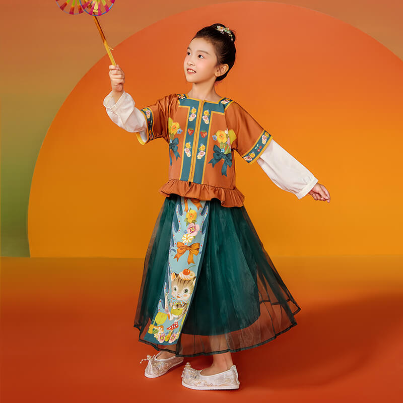 Square U Collar Flower Graphics Pleated Shirt-3 -  NianYi, Chinese Traditional Clothing for Kids