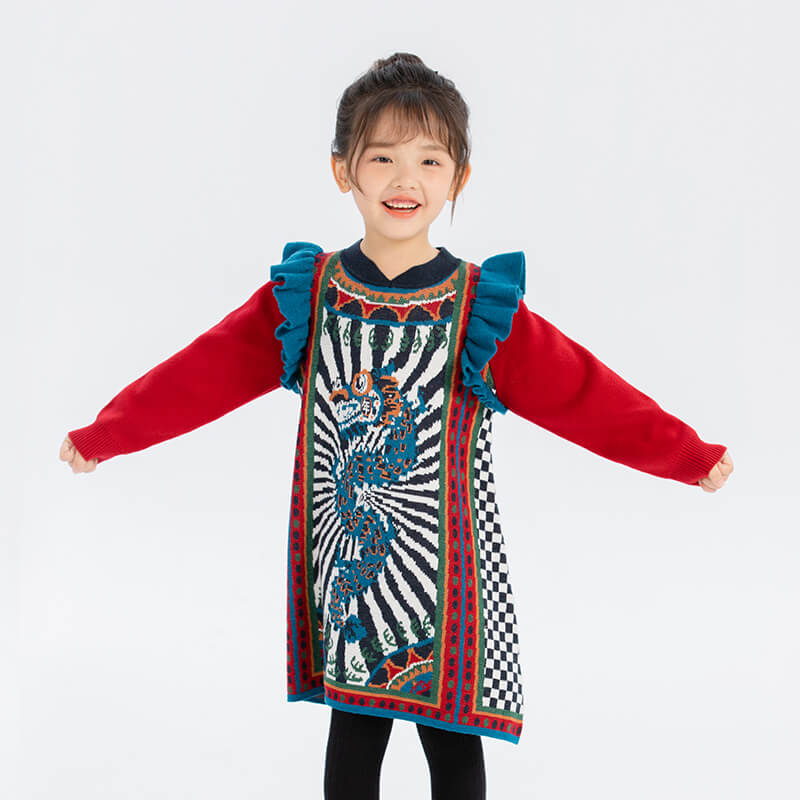 Dragon Long Colorblock Flare Sleeves Checkerboard Knit Dress-4-color-Goose Crown Red -  NianYi, Chinese Traditional Clothing for Kids