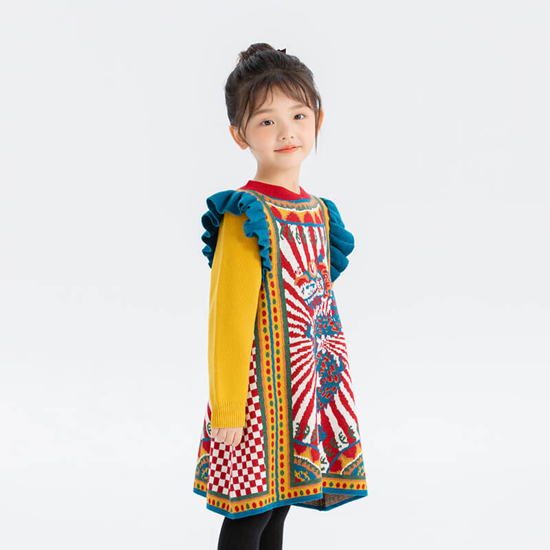 Dragon Long Colorblock Flare Sleeves Checkerboard Knit Dress-8-color-Orioles Yellow -  NianYi, Chinese Traditional Clothing for Kids