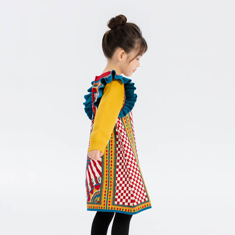 Dragon Long Colorblock Flare Sleeves Checkerboard Knit Dress-9 -  NianYi, Chinese Traditional Clothing for Kids