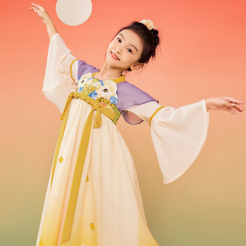 Animal Friends Embroidery Pleated Layered Hanfu Dress-1 -  NianYi, Chinese Traditional Clothing for Kids