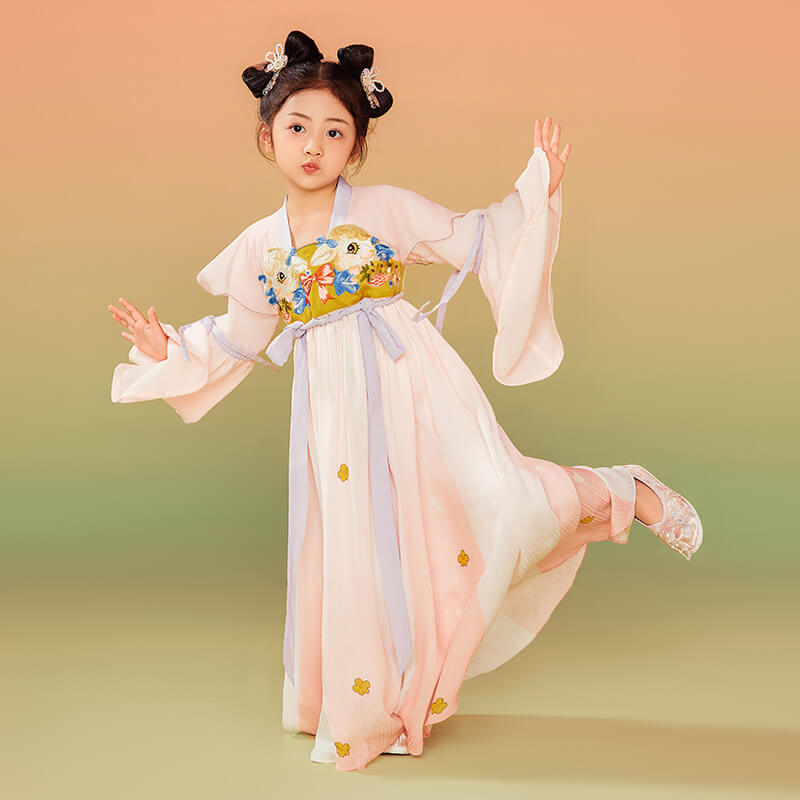 Animal Friends Embroidery Pleated Layered Hanfu Dress-2-color-Pale Crimson -  NianYi, Chinese Traditional Clothing for Kids