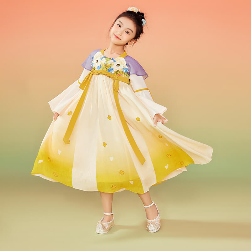 Animal Friends Embroidery Pleated Layered Hanfu Dress-4-color-Almond Yellow -  NianYi, Chinese Traditional Clothing for Kids