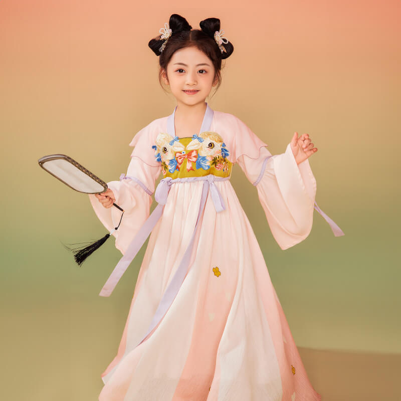 Animal Friends Embroidery Pleated Layered Hanfu Dress-7 -  NianYi, Chinese Traditional Clothing for Kids