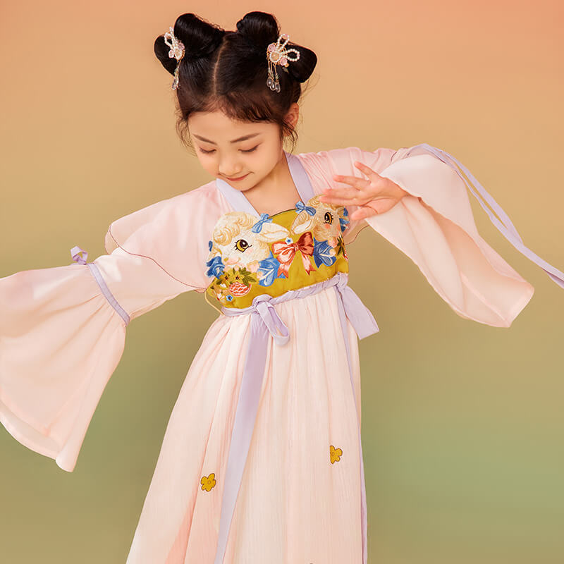 Animal Friends Embroidery Pleated Layered Hanfu Dress-9 -  NianYi, Chinese Traditional Clothing for Kids