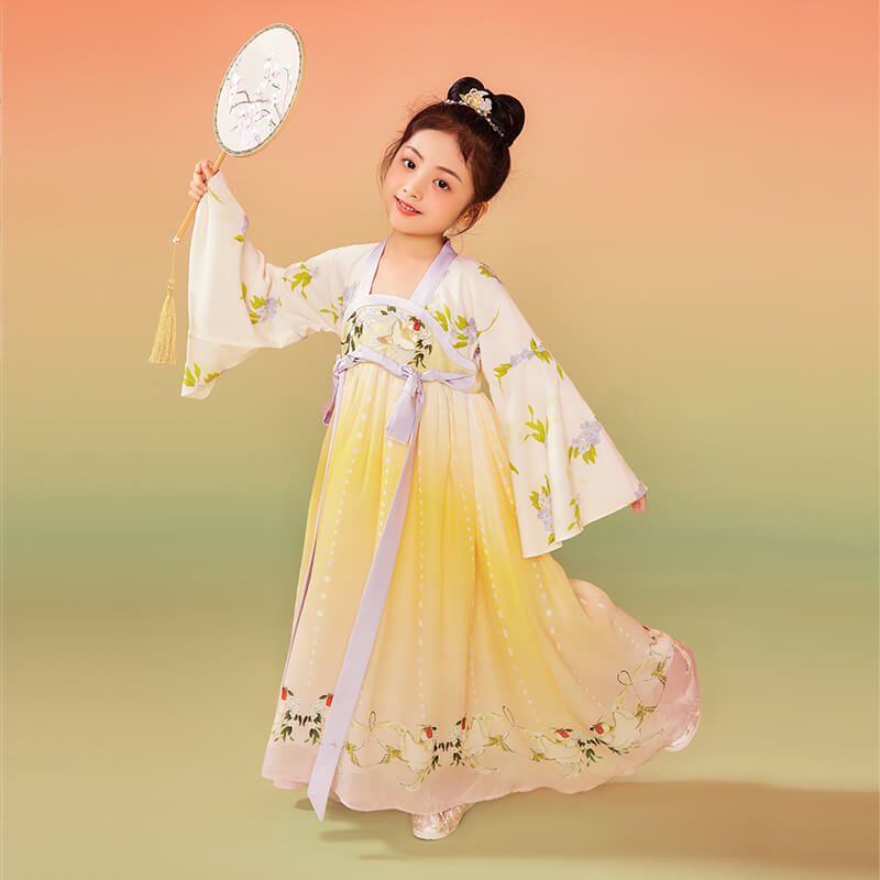 Traditional Chinese Realistic Bird and Flower Painting Embroidery Pleated Hanfu Dress-1-color-Butter Yellow -  NianYi, Chinese Traditional Clothing for Kids