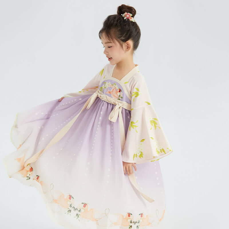 Traditional Chinese Realistic Bird and Flower Painting Embroidery Pleated Hanfu Dress-3-color-Pale Crimson -  NianYi, Chinese Traditional Clothing for Kids