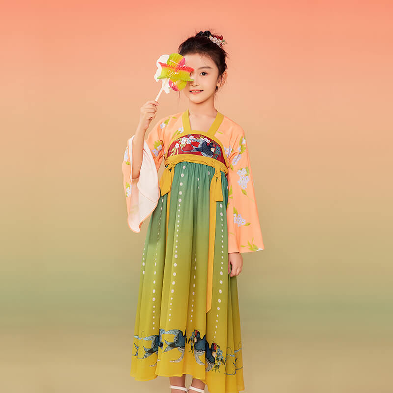 Traditional Chinese Realistic Bird and Flower Painting Embroidery Pleated Hanfu Dress-5 -  NianYi, Chinese Traditional Clothing for Kids