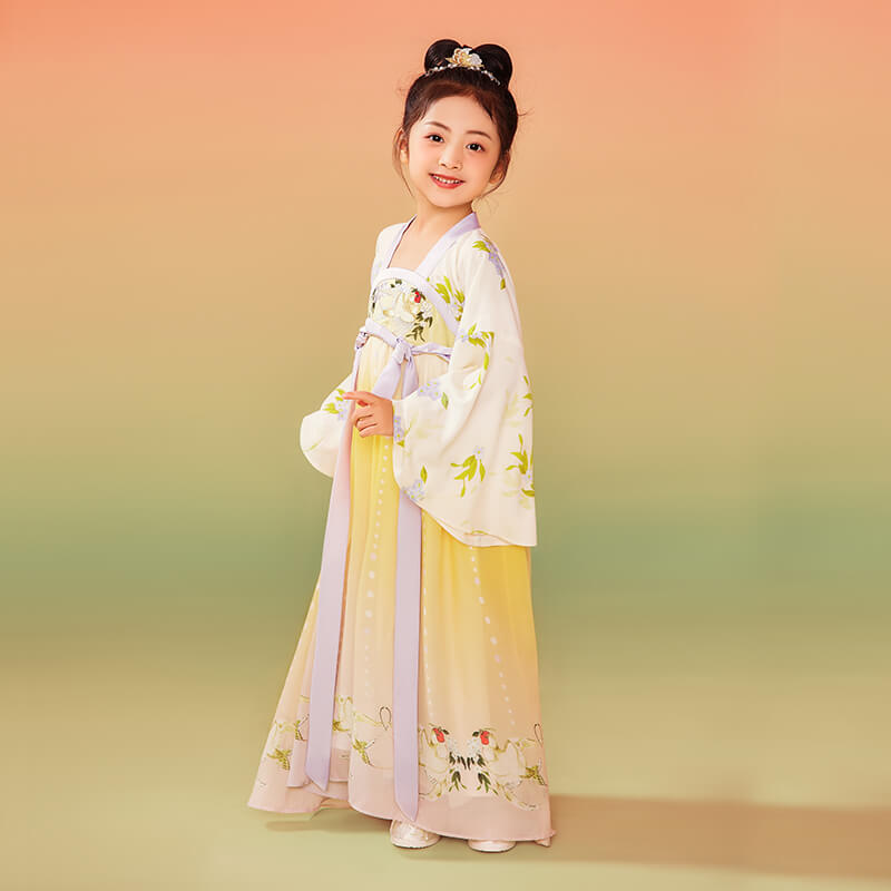 Traditional Chinese Realistic Bird and Flower Painting Embroidery Pleated Hanfu Dress-6 -  NianYi, Chinese Traditional Clothing for Kids