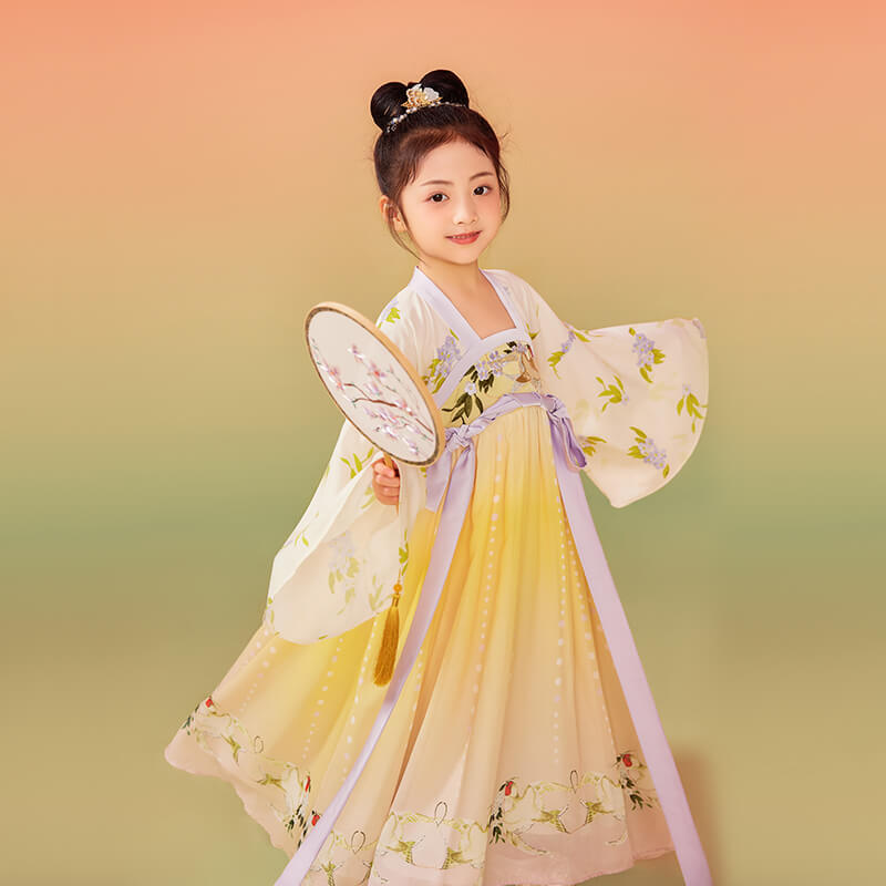 Traditional Chinese Realistic Bird and Flower Painting Embroidery Pleated Hanfu Dress-7 -  NianYi, Chinese Traditional Clothing for Kids