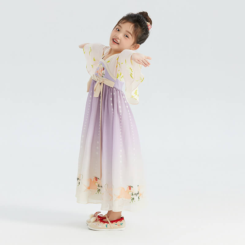 Traditional Chinese Realistic Bird and Flower Painting Embroidery Pleated Hanfu Dress-9 -  NianYi, Chinese Traditional Clothing for Kids