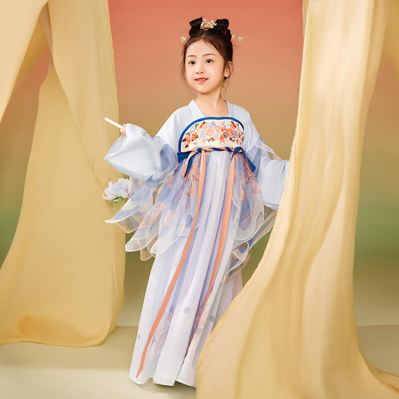 Longlast Joy Embroidery Flare Sleeves Layered Mesh Handu Dress-4-color-Cloud Water Blue -  NianYi, Chinese Traditional Clothing for Kids