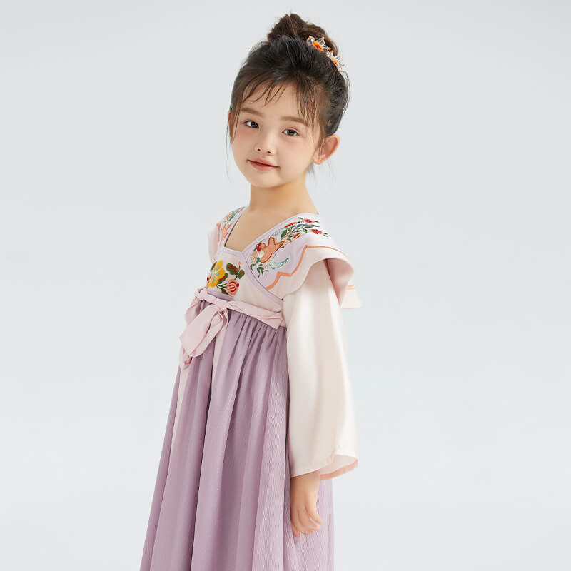 Longlast Joy Flower Embroidery Color Contrast Statement Collar Hanfu Dress-11 -  NianYi, Chinese Traditional Clothing for Kids