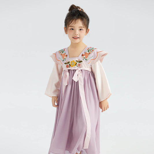 Longlast Joy Flower Embroidery Color Contrast Statement Collar Hanfu Dress-2 -  NianYi, Chinese Traditional Clothing for Kids