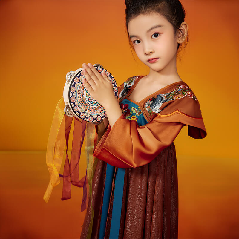 Longlast Joy Flower Embroidery Color Contrast Statement Collar Hanfu Dress-4-color-Cadmium Brown -  NianYi, Chinese Traditional Clothing for Kids