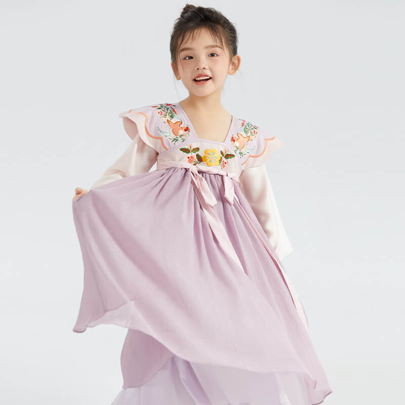Longlast Joy Flower Embroidery Color Contrast Statement Collar Hanfu Dress-7 -  NianYi, Chinese Traditional Clothing for Kids