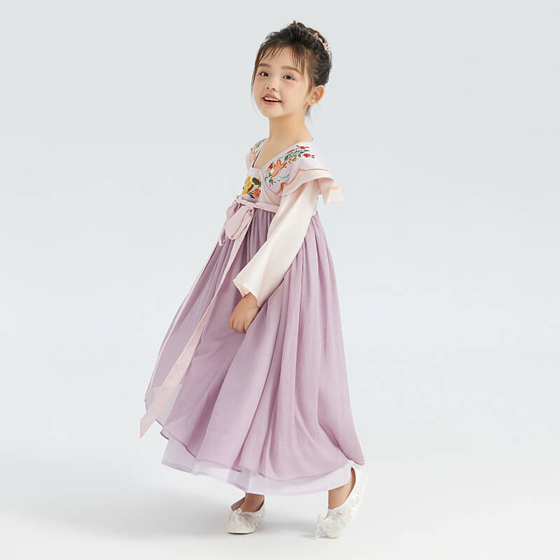 Longlast Joy Flower Embroidery Color Contrast Statement Collar Hanfu Dress-8-color-Zhilan Purple -  NianYi, Chinese Traditional Clothing for Kids