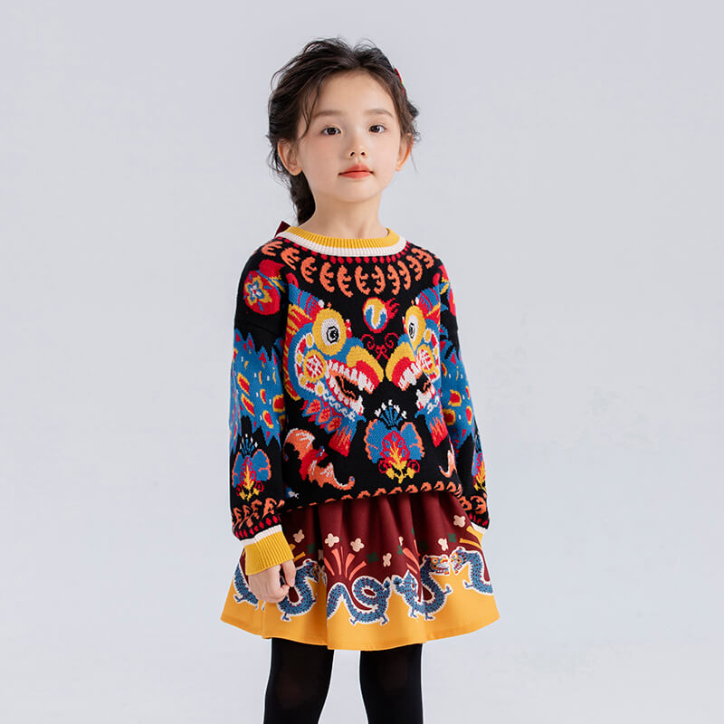 Joyful Dragon Dancing in Cloud Color Contrast Skirt-5 -  NianYi, Chinese Traditional Clothing for Kids