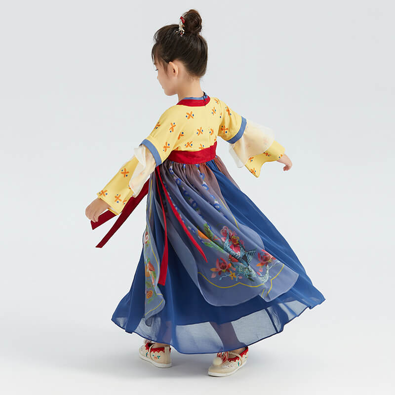 Bird and Flower Realistic Painting Graphics Layered Mesh Hanfu Dress-10 -  NianYi, Chinese Traditional Clothing for Kids