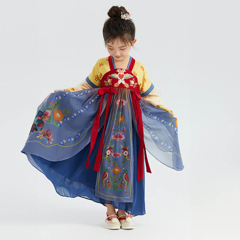 Bird and Flower Realistic Painting Graphics Layered Mesh Hanfu Dress-11-color-Golden Hairpin Yellow -  NianYi, Chinese Traditional Clothing for Kids