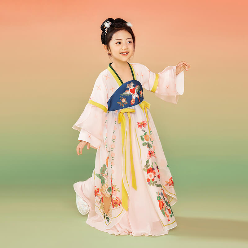 Bird and Flower Realistic Painting Graphics Layered Mesh Hanfu Dress-3 -  NianYi, Chinese Traditional Clothing for Kids