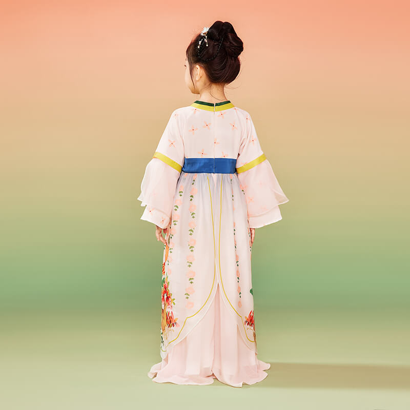 Bird and Flower Realistic Painting Graphics Layered Mesh Hanfu Dress-4 -  NianYi, Chinese Traditional Clothing for Kids