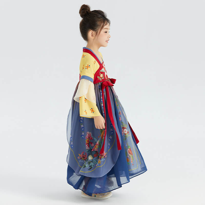 Bird and Flower Realistic Painting Graphics Layered Mesh Hanfu Dress-8 -  NianYi, Chinese Traditional Clothing for Kids