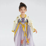 Chinese Realistic Bird and Flower Painting Graphics Layered Sleeves Mesh Hanfu Dress for Kids
