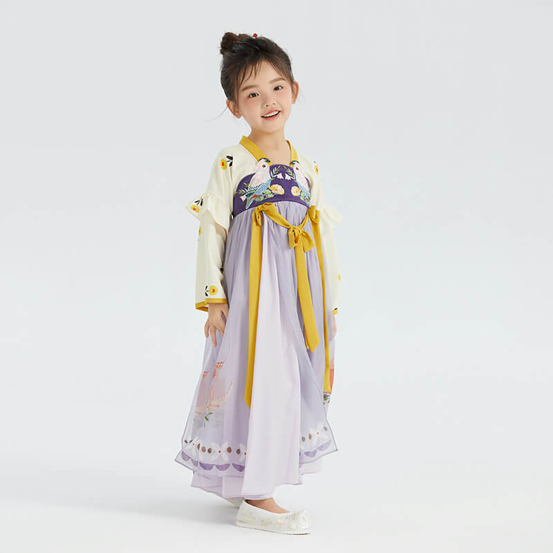 Chinese Realistic Bird and Flower Painting Graphics Layered Sleeves Mesh Hanfu Dress-8-color-Butter Yellow -  NianYi, Chinese Traditional Clothing for Kids