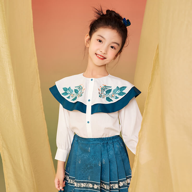 Ruffle Trim Flower Embroidery Flap Collar Blouse-1 -  NianYi, Chinese Traditional Clothing for Kids