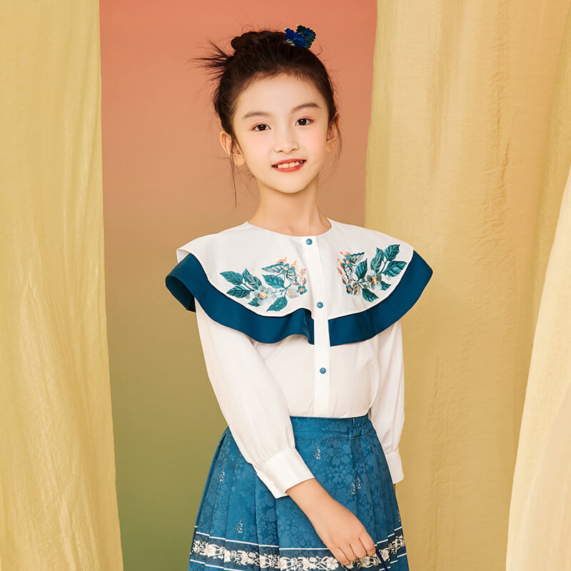 Ruffle Trim Flower Embroidery Flap Collar Blouse-2-color-White Marble -  NianYi, Chinese Traditional Clothing for Kids